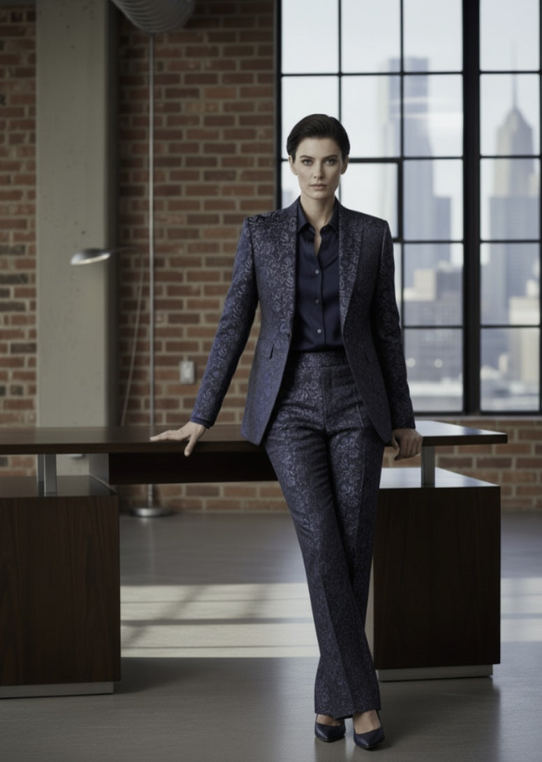Woman in a professional outfit standing in an office with large windows.