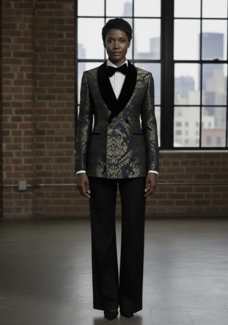 Person wearing a patterned suit with a black bow tie in an urban setting.