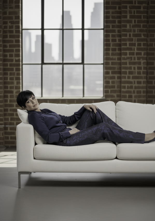 Person sitting on a white couch in a room with large windows and brick walls.