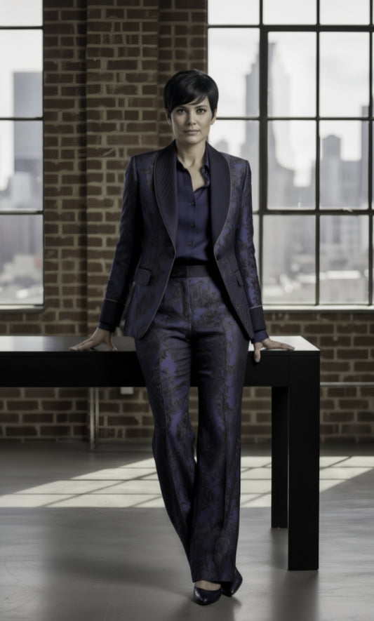 Woman in a dark suit standing in an office with large windows and brick wall.