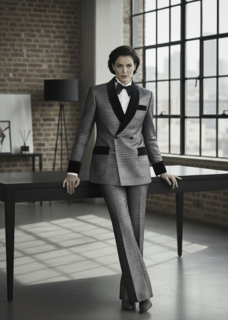 Person wearing a gray suit with black lapels in an indoor setting.