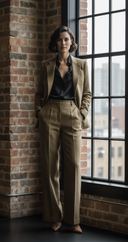 Woman in a beige suit standing against a brick wall with large windows.