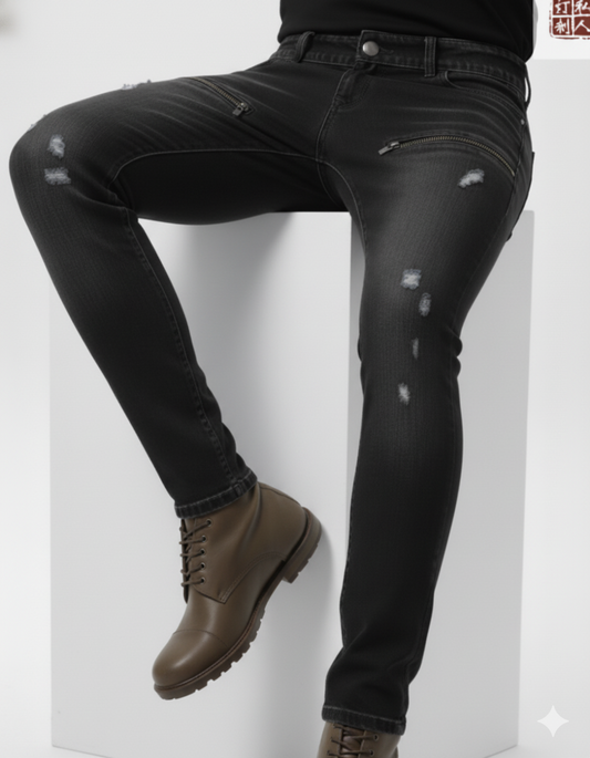 Person wearing black distressed jeans and brown boots on a white background