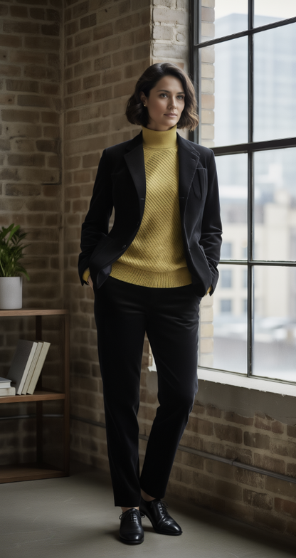 Woman in a yellow sweater and black blazer standing in a room with brick walls and a large window.