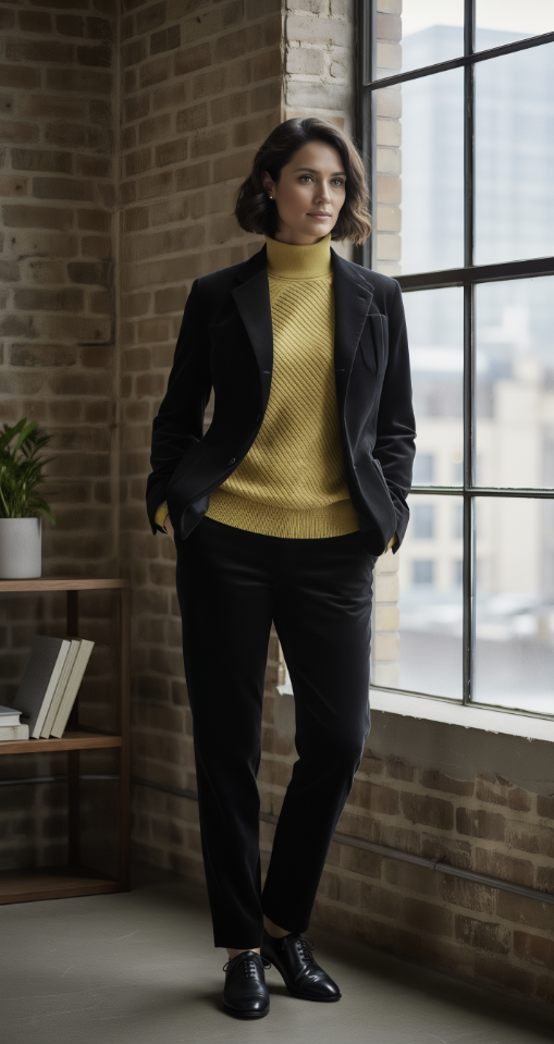 Woman in a yellow sweater and black blazer standing in a room with brick walls and a large window.