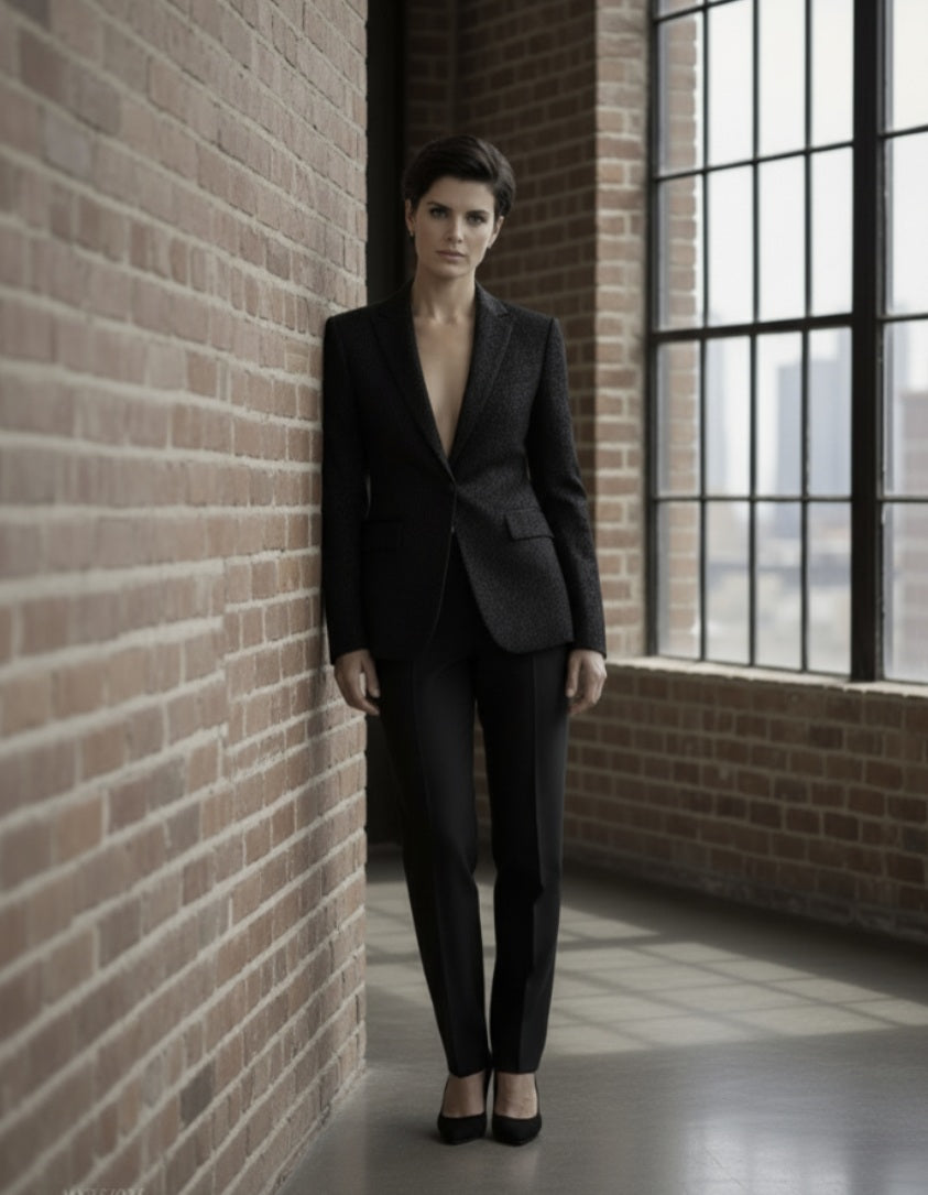 Person wearing a black suit standing against a brick wall with large windows.
