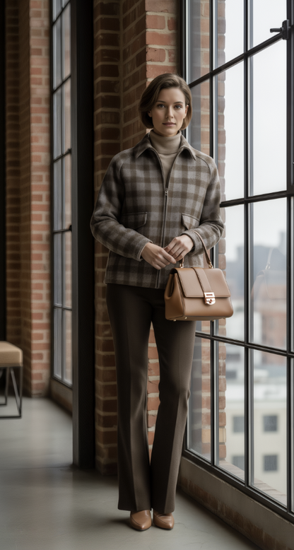 Woman standing by a large window in an urban setting, wearing a plaid jacket and holding a brown handbag.