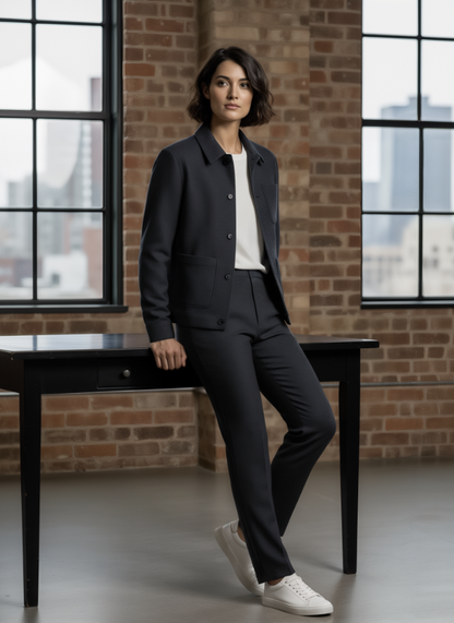 Women wearing a navy jacket and pants sitting on a bench in front of a brick wall with large windows.
