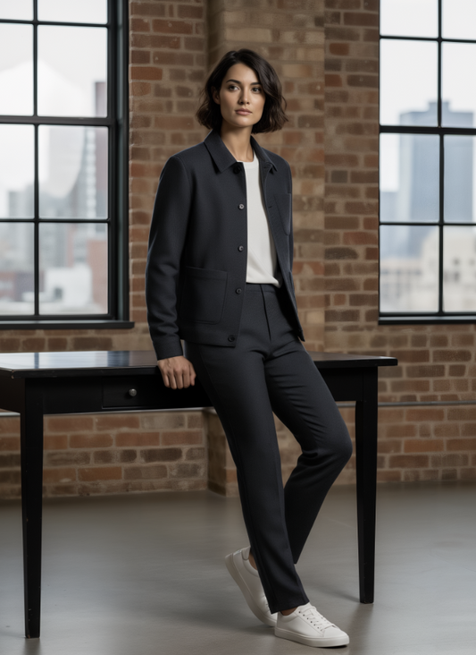 Women wearing a navy jacket and pants sitting on a bench in front of a brick wall with large windows.