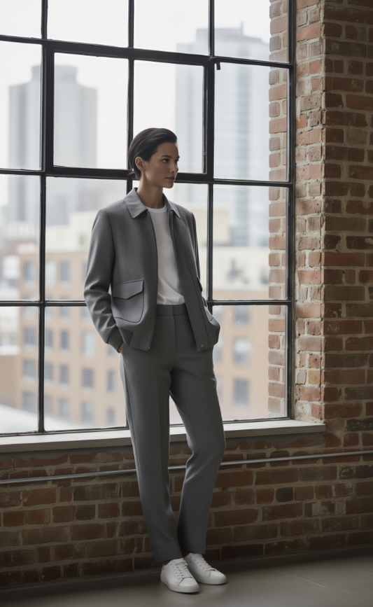 Person wearing a gray suit standing in front of large windows with a brick wall background