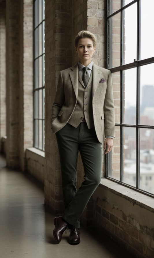 women in a light brown tweed jacket and waistcoat with green cord trousers  standing by a large window with a cityscape view.