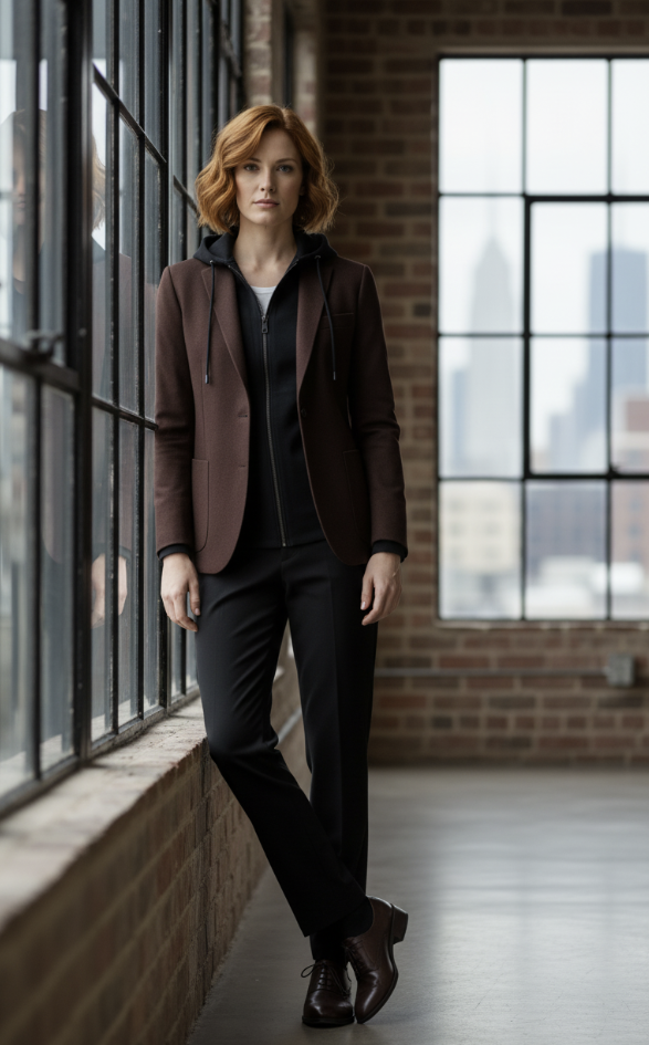 Woman in a brown blazer and black pants standing in a room with large windows and brick walls.