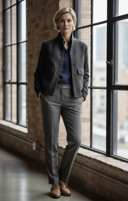 Person wearing a dark jacket and gray pants standing in front of large windows with a cityscape view.