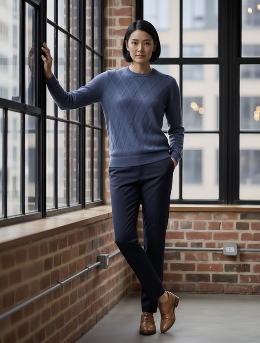 Woman in a blue sweater and pants standing by large windows with a brick wall background