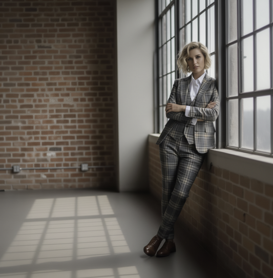 Person in a plaid suit standing in a room with large windows and brick walls.