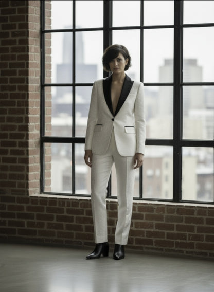 Person wearing a white suit with black lapels standing in front of large windows with a cityscape view.