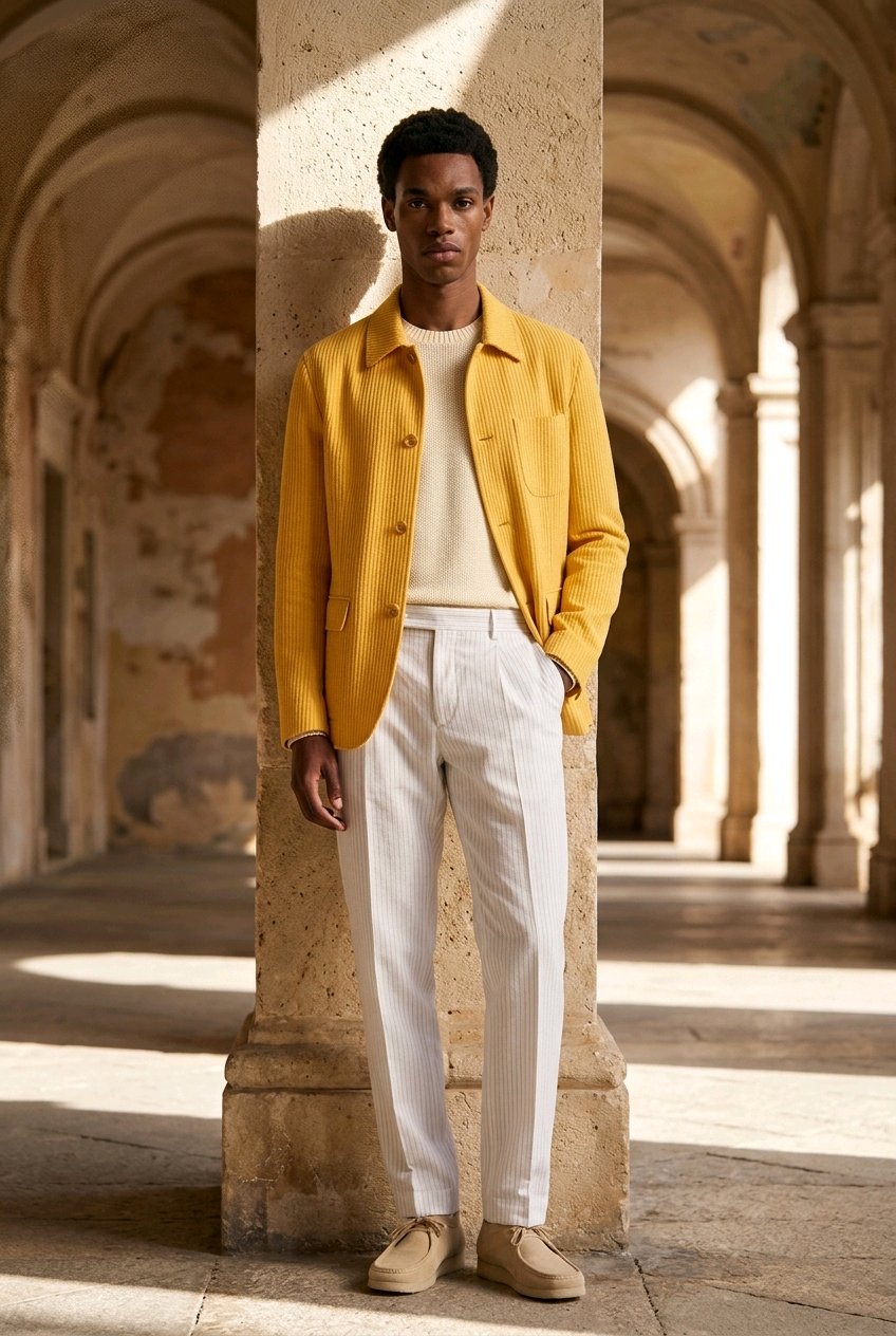 Yellow Cotton Over shirt Jacket and White Cotton Chino Trousers 
