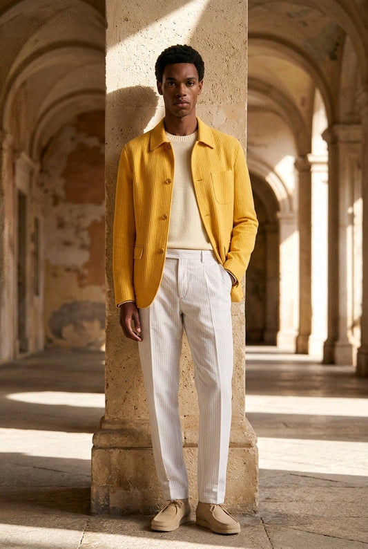 Yellow Cotton Over shirt Jacket and White Cotton Chino Trousers 