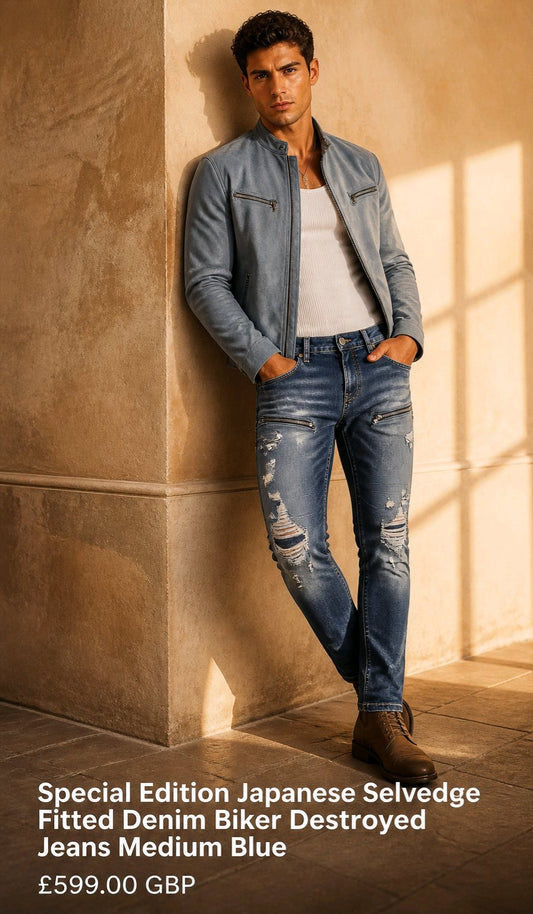 A man wearing a light blue denim biker jacket, distressed medium-wash blue jeans, and brown boots, leaning against a textured beige stone wall in warm sunlight. Product text at the bottom reads 'Special Edition Japanese Selvedge Fitted Denim Biker Destroyed Jeans Medium Blue' with a price of '£599.