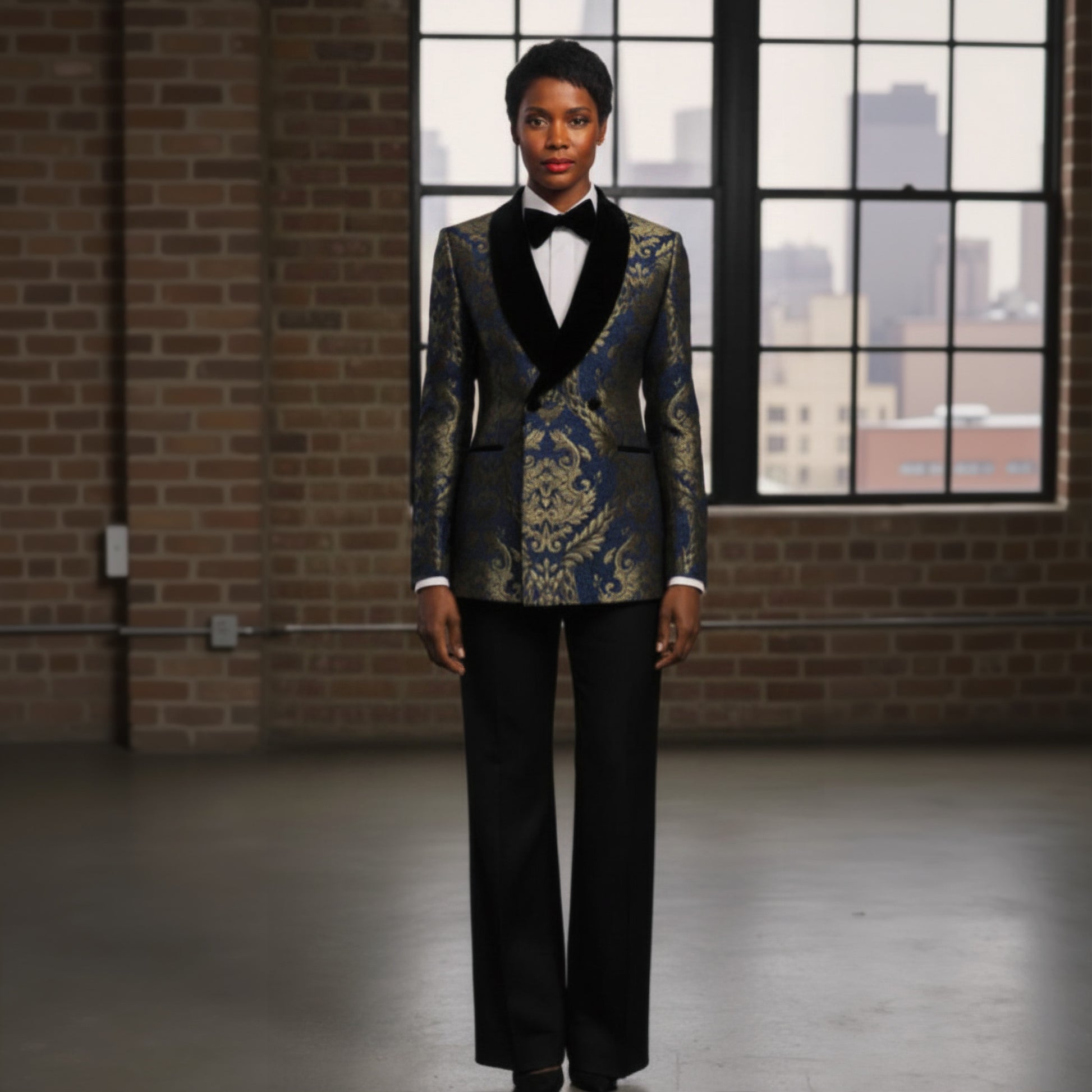 Ladies patterned suit with a black bow tie in an urban setting.