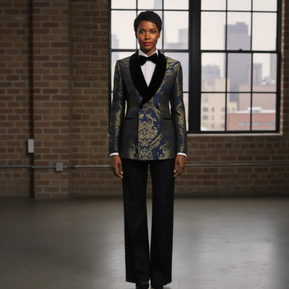Ladies patterned suit with a black bow tie in an urban setting.