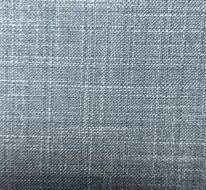 A close-up of a woven fabric texture in a cool grayish blue color with subtle white and darker gray threads.