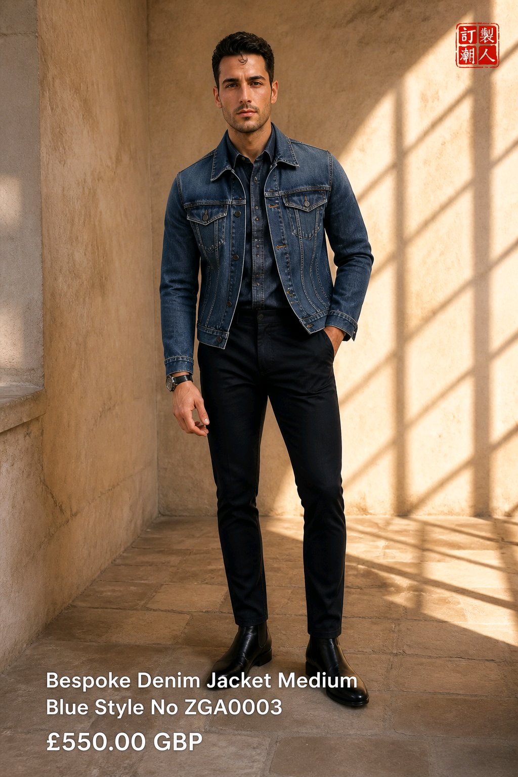 A man wearing a blue bespoke denim jacket, dark button-down shirt, slim-fit trousers, and black leather shoes, standing in a sunlit stone corridor. Text at the bottom reads 'Bespoke Denim Jacket Medium Blue Style No ZGA0003 £550.
