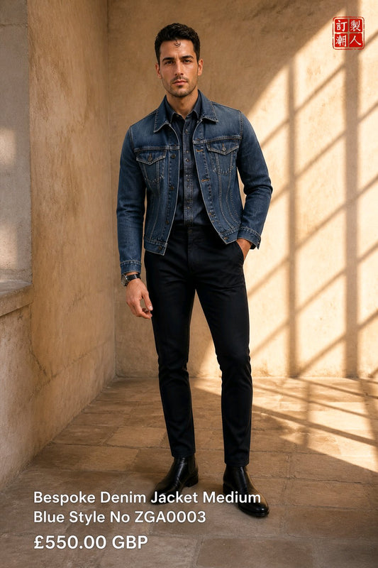A man wearing a blue bespoke denim jacket, dark button-down shirt, slim-fit trousers, and black leather shoes, standing in a sunlit stone corridor. Text at the bottom reads 'Bespoke Denim Jacket Medium Blue Style No ZGA0003 £550.