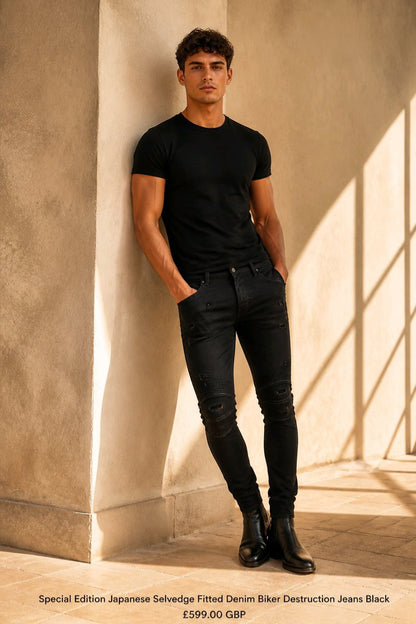  man wearing a black crew-neck t-shirt and black slim-fit jeans stands against a textured beige wall in warm sunlight, with text at the bottom reading 'Special Edition Japanese Selvedge Fitted Denim Biker Destruction Jeans Black £599.00 GBP'.
