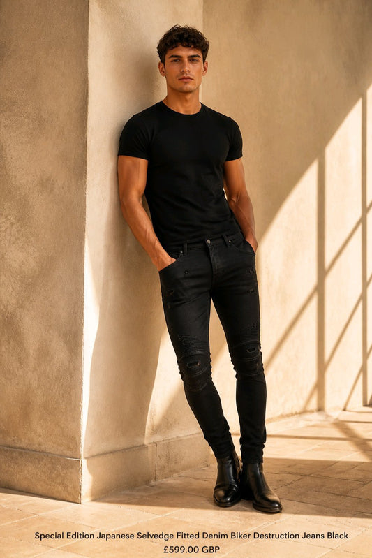  man wearing a black crew-neck t-shirt and black slim-fit jeans stands against a textured beige wall in warm sunlight, with text at the bottom reading 'Special Edition Japanese Selvedge Fitted Denim Biker Destruction Jeans Black £599.00 GBP'.