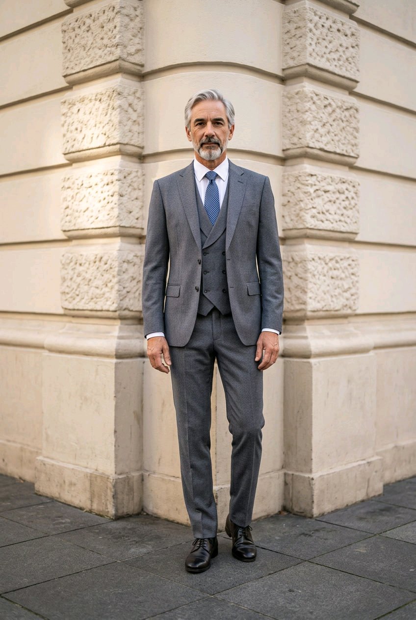 A man wearing a grey three-piece suit, white dress shirt, and blue tie stands in front of a beige stone building corner.