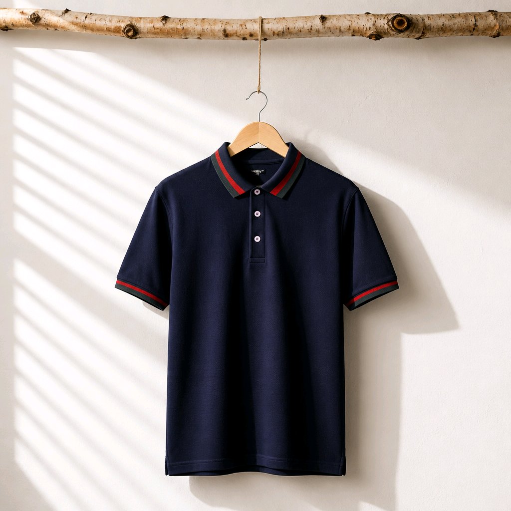 navy blue polo shirt with green and orange trim on the collar and sleeve cuffs