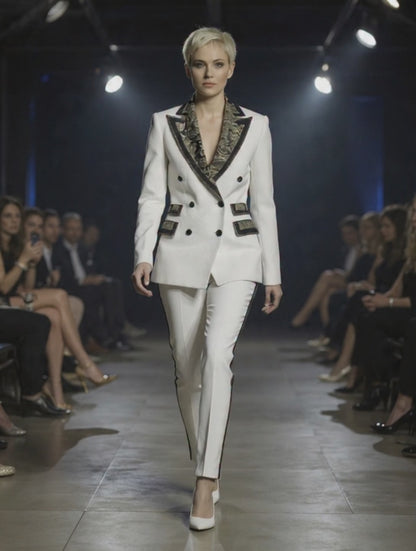 Women's Tuxedo White and Gold/ Black Jacquard Jacket / Style Number J39224/220