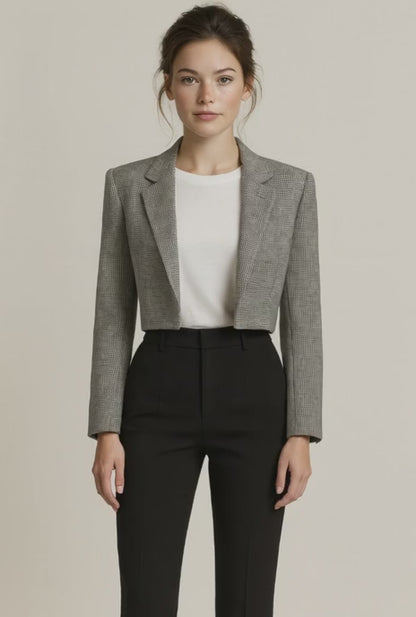 Grey Wool Flannel Check / Black Twill Ladies Suit 