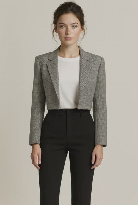 Grey Wool Flannel Check / Black Twill Ladies Suit 