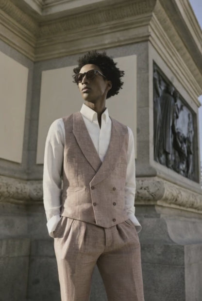 Italian Sand Colour Herringbone Linen Waistcoat Plus Matching Trousers