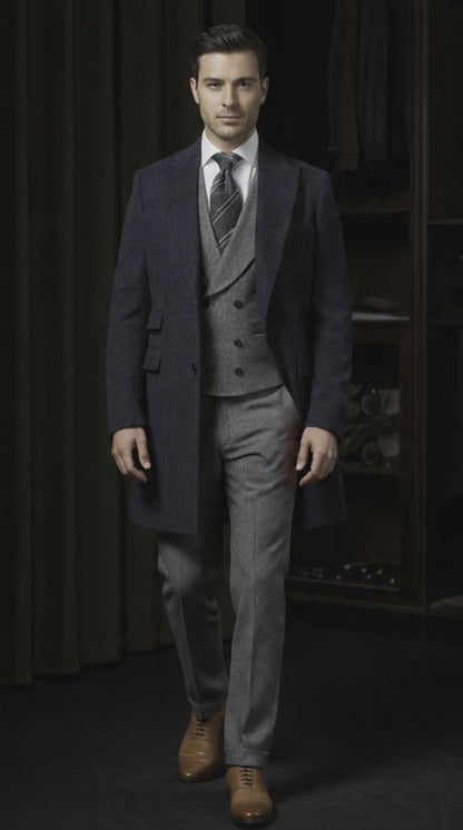 Navy Cashmere SB2 Overcoat  /Grey Wool Trousers