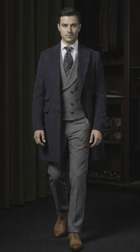 Navy Cashmere SB2 Overcoat  /Grey Wool Trousers