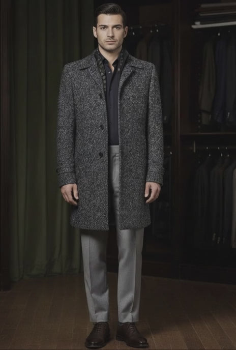 Grey and Black Twill Single Breasted Overcoat