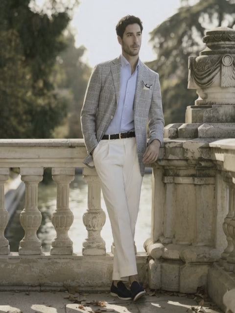 Italian White & Navy /Check Two Buttons Linen Jacket Plus White Trousers