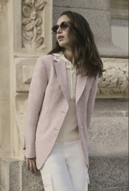 Italian Pink Linen Single Breasted Jacket Plus White Trouser Women's Suit