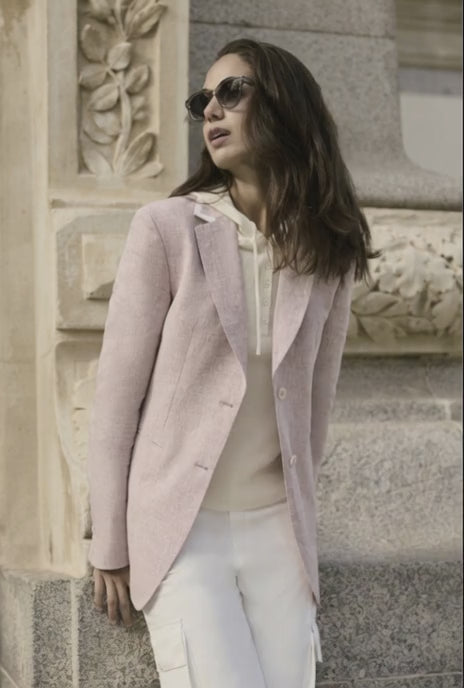 Italian Pink Linen Single Breasted Jacket Plus White Trouser Women's Suit
