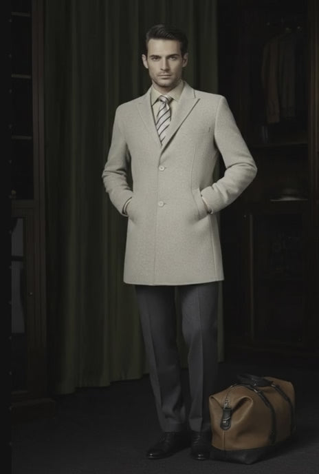 Beige Wool and Silk Single Breasted Overcoat 