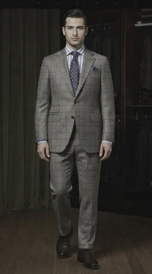 Grey and Navy Check Wool Single Breasted Jacket / Plus Grey and Navy Trousers