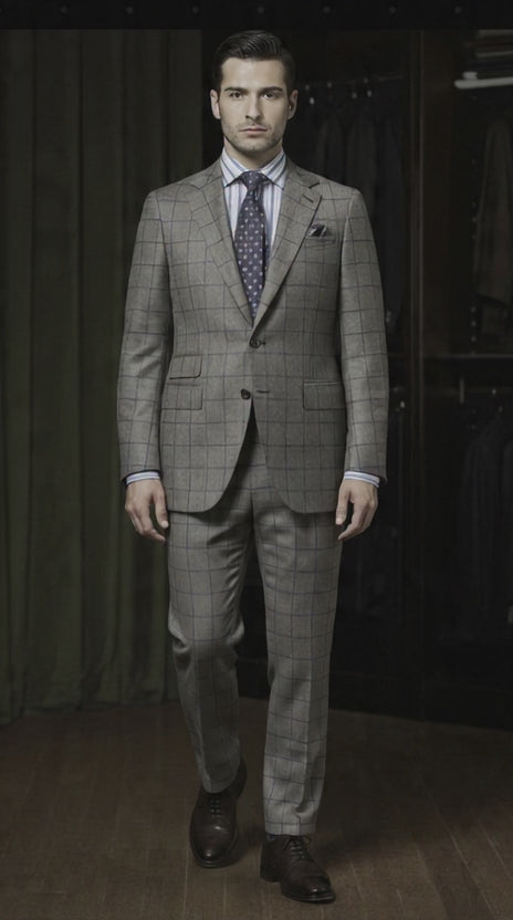 Grey and Navy Check Wool Single Breasted Jacket / Plus Grey and Navy Trousers