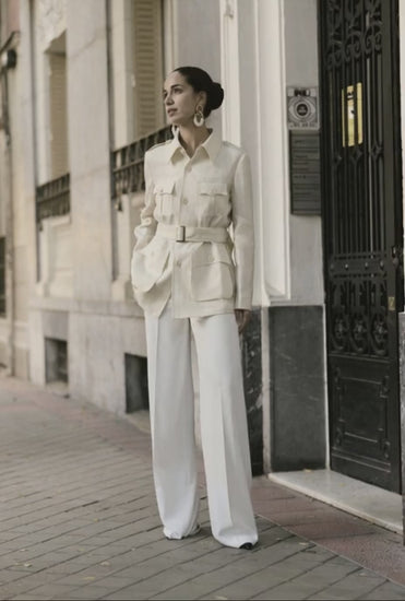 Italian Ivory Herringbone Safari Jacket Plus White Trousers Women's Suit