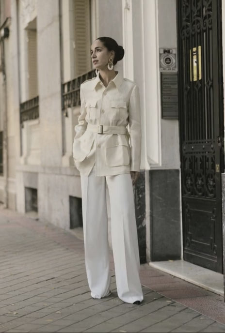 Italian Ivory Herringbone Safari Jacket Plus White Trousers Women's Suit