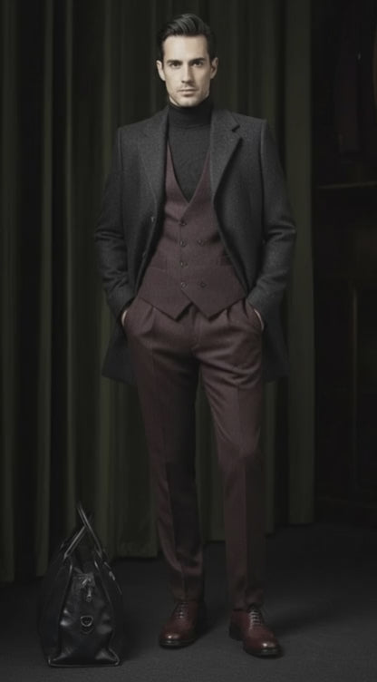 Black and Burgundy Single Breasted Overcoat