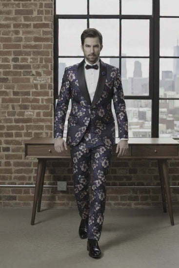 Tuxedo Navy and Pink Floral Patterned Brocade Jacket