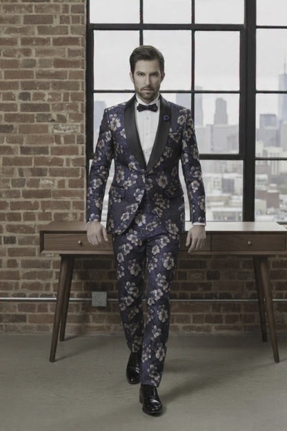 Tuxedo Navy and Pink Floral Patterned Brocade Jacket